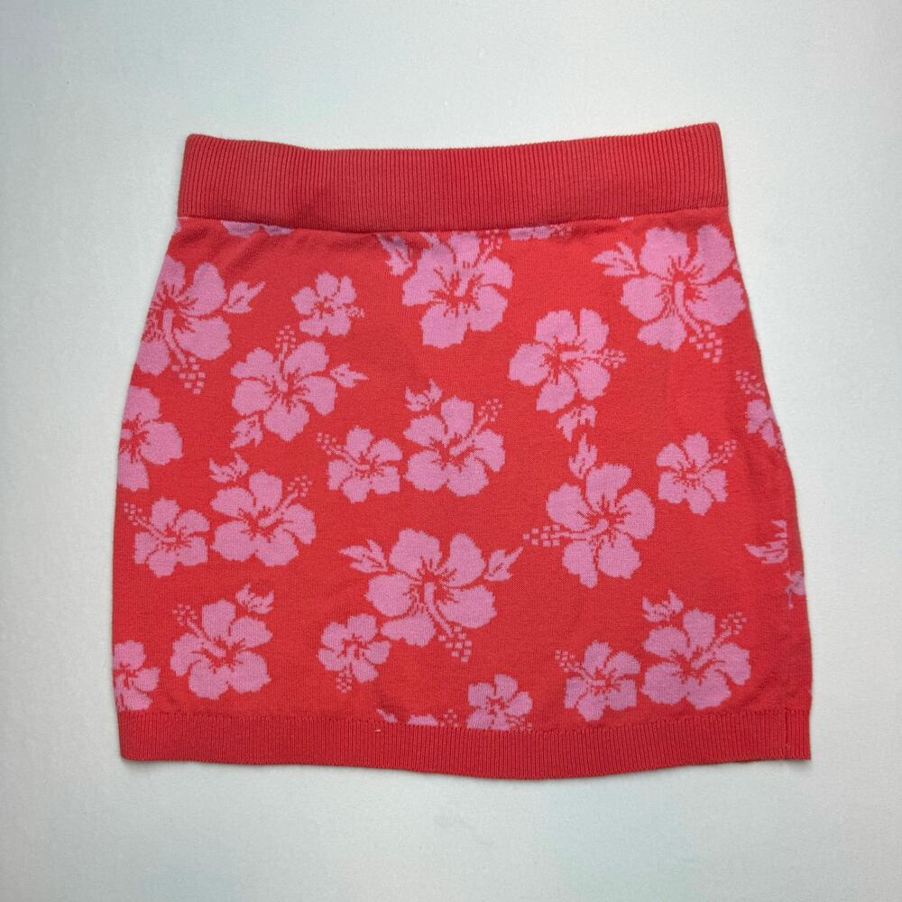 Art Class Hibiscus Knit Mini Skirt L 10/12 Red Pink Floral Y2K Coconut Girl Boho - Picture 3 of 10